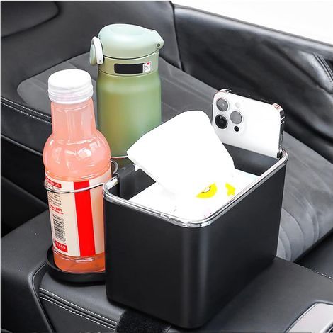 Boîte de Rangement Accoudoir Voiture avec Porte-Gobelets Pliables, Support de Rangement Multifonctionnel pour Console de Voiture, Voiture Universel Organisateur pour Mouchoir Tasses(Noir) (1/5)