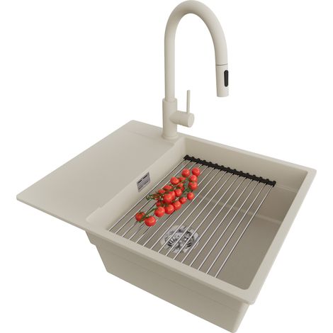 PRIMAGRAN Evier Cuisine en Granit 62x50cm, Lavabo 1 bac + Robinet 40x20cm + Kit de Vidage + Accessoire, Évier à Encastrer au meuble 50cm - San Francisco, Beige (1/5)