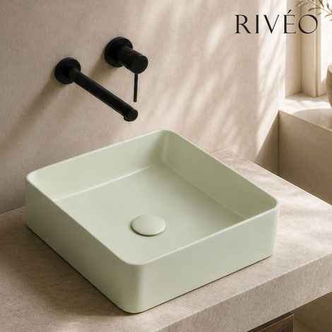 Vasque à poser carré arrondi 36,5 x 36,5 cm vert sauge en céramique mate avec bonde clic-clac assortie incluse - Rivéo (1/4)