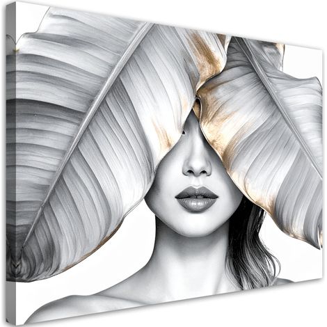 Wandbild Frau und silberne und goldene Bananenblätter 100x70 cm (1/5)