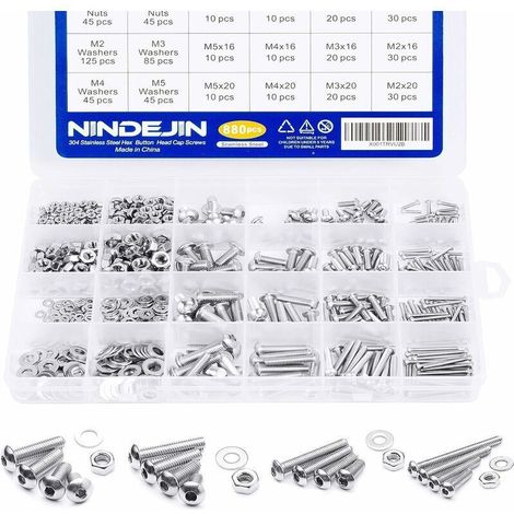 royaluxe -880 PCS Assortiment Vis Inox M2 M3 M4 M5 Métrique à Tête Ronde et Plate Boulon à Douille Hexagonale, Écrous Ronds, Rondelles Métal, Clé à Vis