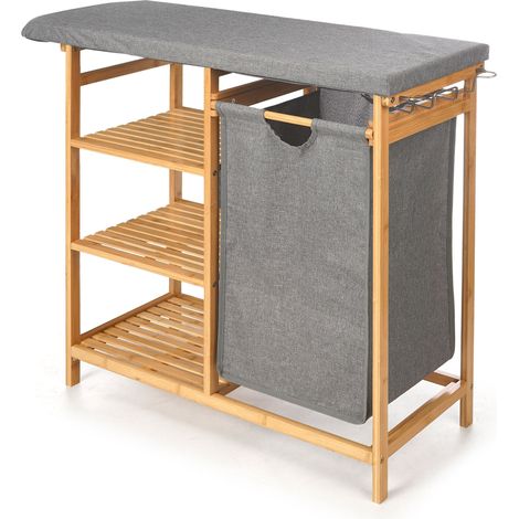 Armoire en bambou avec planche à repasser et panier à linge – Dimensions 111 x 34 x 82 cm – Matériau écologique et durable – Conception avec tiroir et étagères – Kipit (1/5)