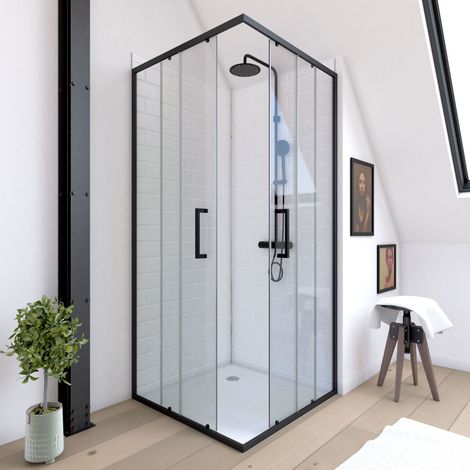 porte de douche carrée - 90x90x200 cm - profile noir mat - verre trempé 6mm