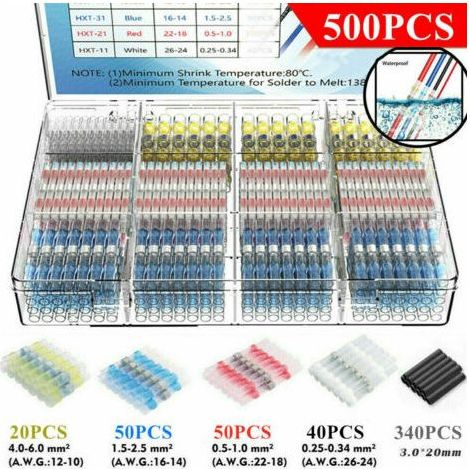 500Pcs Cosses Electriques Souder Gaine Thermorétractable, Thermorétractables Souder Bout À Bout Seal Connecteurs Electriques Isolés Etanche Marine Marine Automobile Cuivre (1/5)