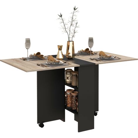 Tavolo Pieghevole Salvaspazio 140x75x74 cm con Ruote e Ripiani Rovere e Nero (1/5)