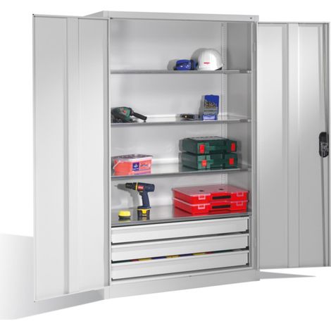 Armoire à outils C+P avec portes battantes, 4 tablettes et 3 tiroirs, H1950xL1200xP500mm Façade gris clair Corps gris clair