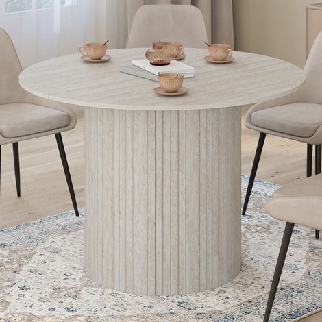 JULIETTE Mesa de comedor redonda para 6 personas con pata central de lamas travertino 110 cm (1/5)