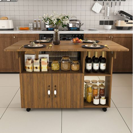 Table à manger pliante mobile 110x70x80 cm MDF effet noyer, 5 étagères, 5 roulettes OKWISH (1/5)