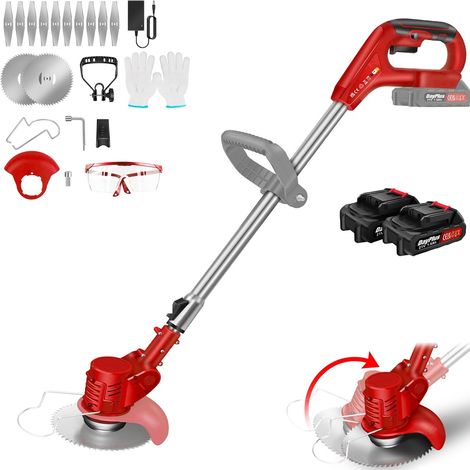 Débroussailleuse Electrique sans Fil, 21V Coupe Bordure avec 2 Batteries et Lames, Coupe Bordure sans Fil, Débroussailleuse à Batterie pour la Coupe de Jardin, Pelouses et Terres Agricoles, Rouge