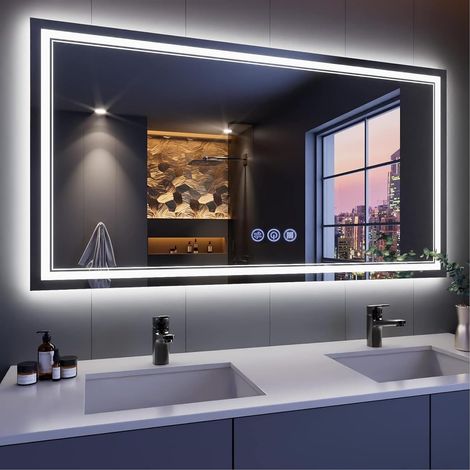 Miroir de Salle de Bain, avec éclairage, 150 x 70 cm, Miroir Mural et Interrupteur Tactile, IP65 LED, avec Fonction mémoire, 3 températures de Couleur, Horizontale/Verticale, Verre trempé HD (1/5)