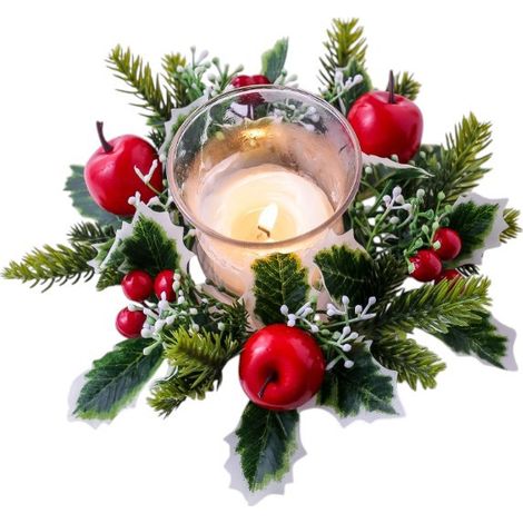 Corona navideña con manzanas rojas artificiales y acebo, follaje de tela y plástico, decoración festiva para la mesa, vela no incluida. (1/5)