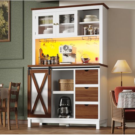 Hochschrank MDF, Metall und Glas in Weiß, 104x40x180 cm, mit LED-Lichtleiste, Schiebetür, Schublade und verstellbaren Einlegeböden (1/5)