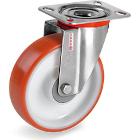 Roulette INOX pivotante diamètre 80 mm roue polyuréthane rouge roulement à billes - 130 Kg (1/3)