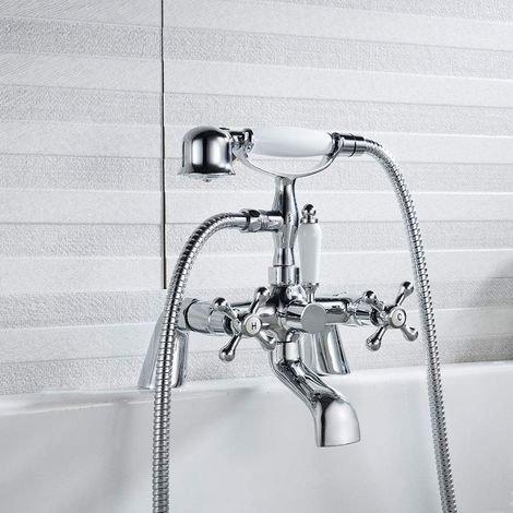 Rubinetto tradizionale per vasca da bagno con doppia leva doccia, placcato argento.