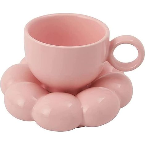 Juego de taza y platillo de café con diseño floral - Tazas bonitas con platillo de girasol - Tazas para latte, 190 ml (6.7 oz) Rosa (1/4)