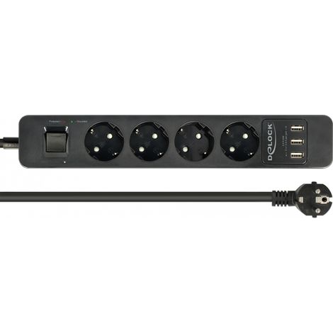 Delock Zócalo de extensión de 4 vÃas con protección contra sobretensiones y cargador USB negro