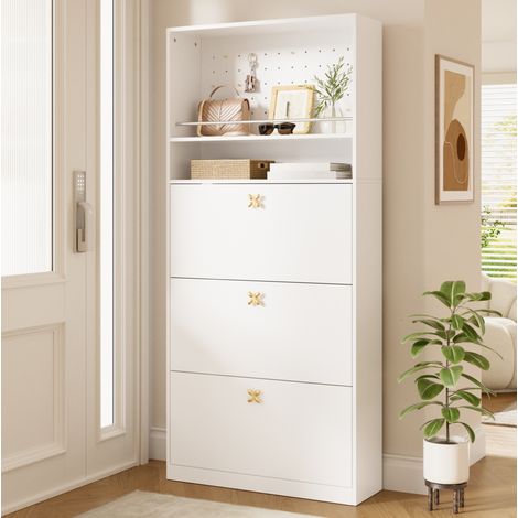 Zapatero alto (80x24x178.5 cm), con 3 compartimentos abatibles, balda abierta, madera aglomerada blanca (1/5)