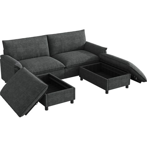 Canapé Modulable Noir Canapé d'Angle Chenille Canapé Nuage avec Pouf Assise Profonde (1/5)