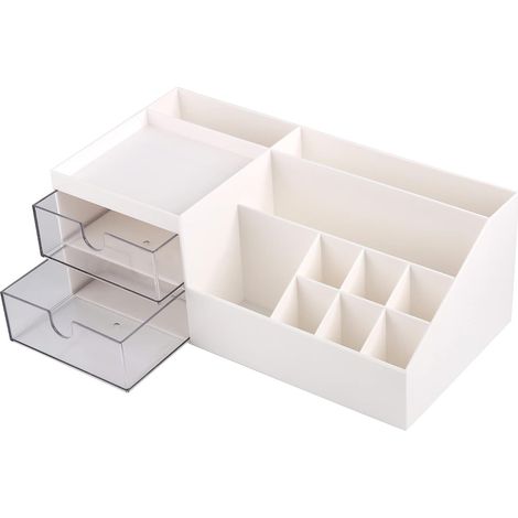 Organizador Maquillaje - 10 Compartimentos 2 Cajones Transparentes - Para Escritorio Dormitorio Cuarto De Baño - Blanco (1/5)