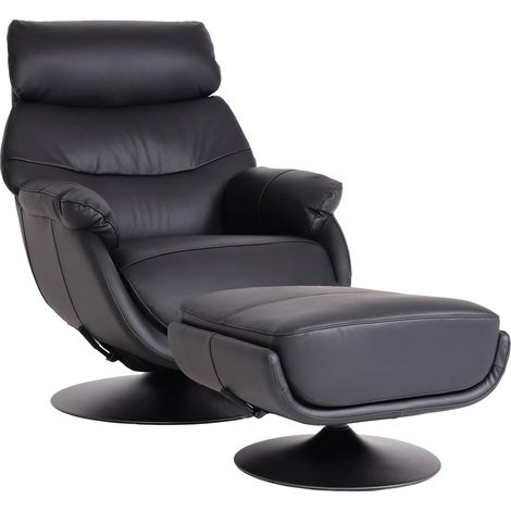 Poltrona relax con poggiapiedi HHG-356, sedia TV, funzione dondolo girevole, metallo vera pelle/ecopelle, nero