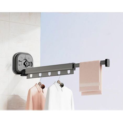 éTendoir à Linge Mural RéTractable, sans Perforation Ventouse Pliable Séchoir à Linge pour Balcon, Buanderie, Salle De Bain, Terrasse (2 Plies, Gris) (1/3)