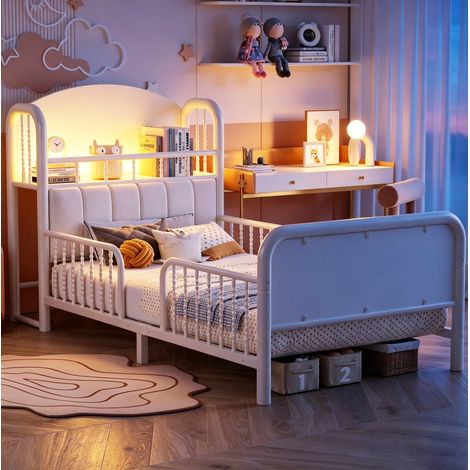 Cama individual infantil 90x200 cm de metal blanco con barrera, LED y almacenaje - CHICFURN (1/5)