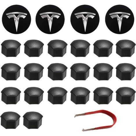 De Couverture De Roue Capuchon de Moyeu Central Car Wheel Nut Cover avec Outil Demontage pour Tesla Model 3, S X (Noir) (1/5)