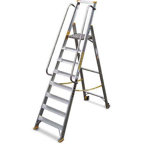 Matisère – Escabeau 9 marches grande plateforme – Hauteur max. de travail 3.90m – Marches antidérapantes – Déplacement facile avec 2 roues – 9309R