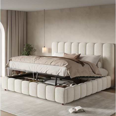 Lit coffre 200x200 cm - Lit double - Avec tête de lit et sommier à lattes - En bouclette - Blanc - Sans matelas (1/5)
