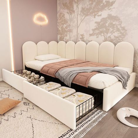 Lit 90x200 cm rembourré en velours beige, 2 tiroirs, cadre en L réversible (1/5)