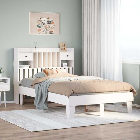 Cadre de lit 135 x 190 cm avec rangements, tête de lit, pin massif blanc, sans matelas - PANGIVO (1/5)