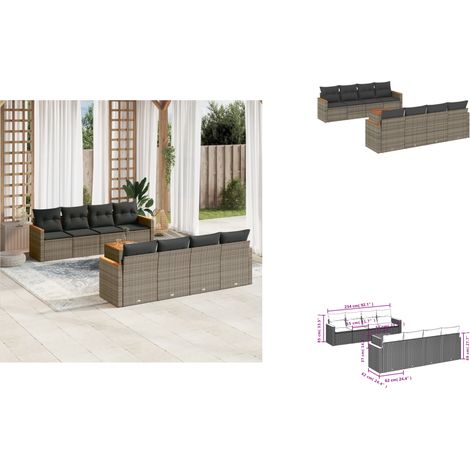 9-tlg. Garten-Sofagarnitur mit Kissen Grau Poly Rattan - Gartenmöbel Set - PE-Rattan Möbel - Outdoor Sofa - Esstisch - Lounge Set (1/3)