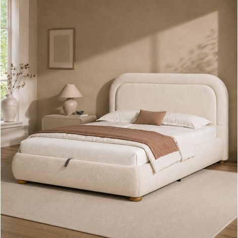 Lit coffre 140x200 cm en tissu bouclé beige, relevable pour chambre, sans matelas FloraGrace (1/5)