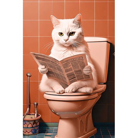 Tableau sur toile chat lisant un journal sur les toilettes 30x45 cm - Impression sur Toile Murale Décorative - Image imprimée en HD sur Toile - Toile sur Châssis en Bois FSC - Fabriqué en France (1/5)