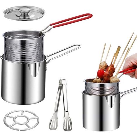 Poêle à frire en acier inoxydable - Avec panier et pinces de cuisine - Argent - Ustensile de friture (1/5)