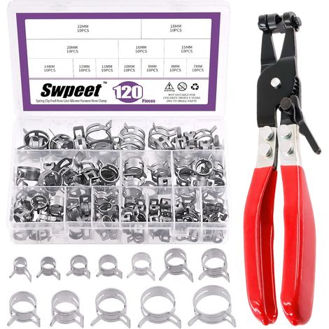 Lot de 121 pièces colliers de serrage à ressort Dacromet de 7 à 22 mm avec pince à collier de tuyau de carburant à bande plate pivotante Kit d'assortiment, Collier de serrage d'action pour (1/5)