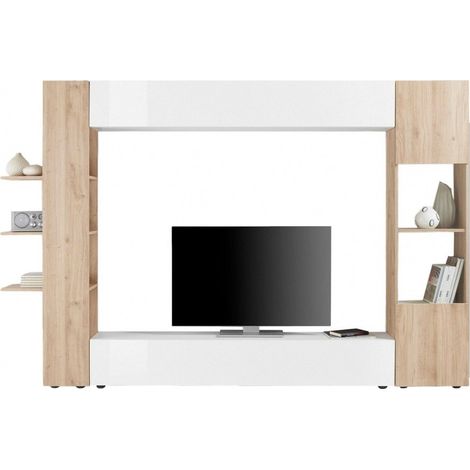 Composición de muebles de salón con almacenaje, colección VASCO, blanco lacado/roble claro