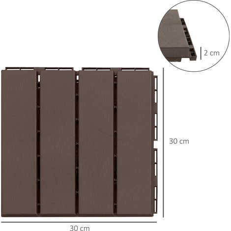 Ensemble de 9 dalles de terrasse interconnectées, dalles de sol antidérapantes en PP (30x30x2cm), surface : 0,81m², marron. (1/5)