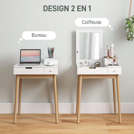 HOMCOM Coiffeuse miroir rabattable 2 tiroirs 60x50x85,5 cm blanc