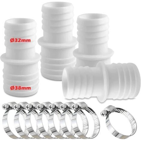 Lot de 4 raccords pour Tuyau Piscine, Raccord de Tuyau avec Colliers de Serrage, Ø 32 mm vers 38 mm de diamètre avec 8 colliers de serrage, Adaptateur de Tuyau de Piscine, Adaptateurs de Tuyau(blanc) (1/4)