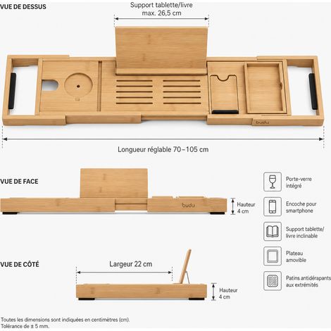 Plateau de Baignoire Extensible Bambou 70 à 105 cm Beige (1/4)