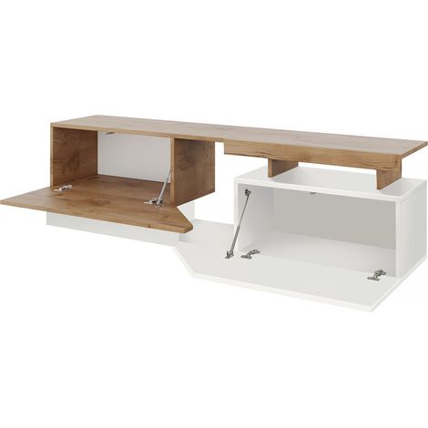 Mobilier1 – Meuble TV blanc et chêne wotan 160x47x35cm – 2 portes – Panneau stratifié 16mm – Système 'Push to Open' pour accès facile