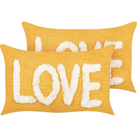 Lot de 2 Coussins Décoratifs en Coton 30 x 50 cm Texte Blanc Jaune Love