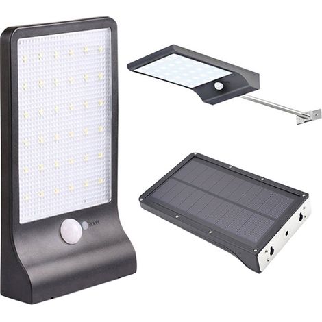 Lampe solaire extérieure noire à 48 LED avec détecteur de mouvement, intensité variable, télécommande sans fil et étanche, idéale pour porte, couloir ou terrasse. (1/5)