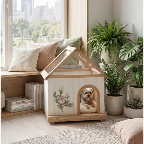 Cuccia per gatti e cani piccoli 68x55x80 cm, legno bianco, tetto trasparente FloraGrace (1/5)