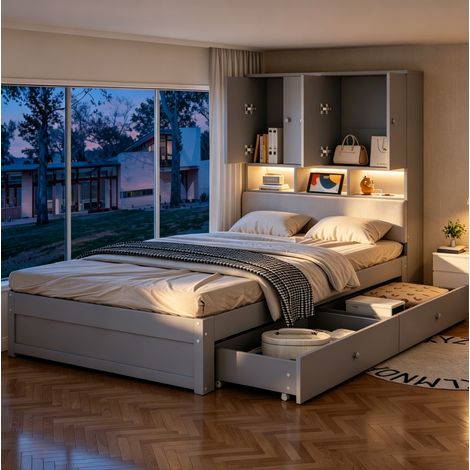Cama individual con almacenaje (225x95x125 cm), cabecero tapizado con LED y enchufe, 2 cajones, madera gris (1/5)