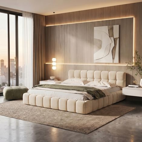 Lit double 140x190 cm avec sommier à lattes - cadre de lit rembourré  - lit adulte moderne et moelleux pour chambre，lin ，beige