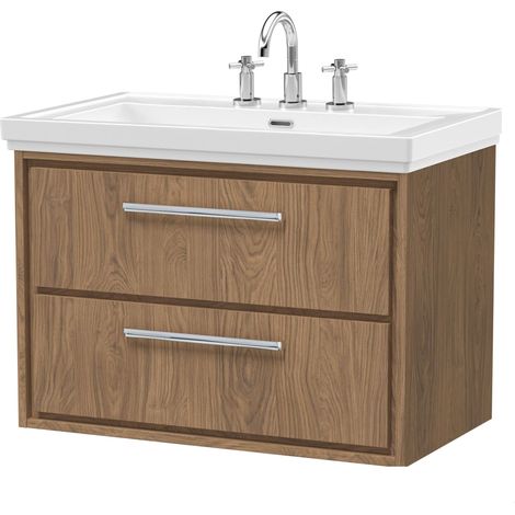 Longnor 2 Drawer Wall Hung Vanity Unit with 3 Tap Hole Traditional Fireclay Basin, Antique Oak, 800mm
