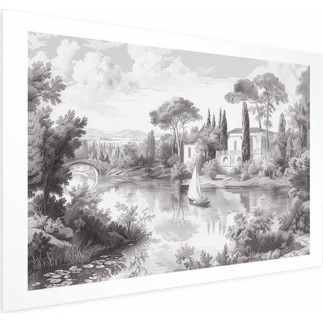 Póster - Paisaje vintage en blanco y negro con un estanque (1/4)