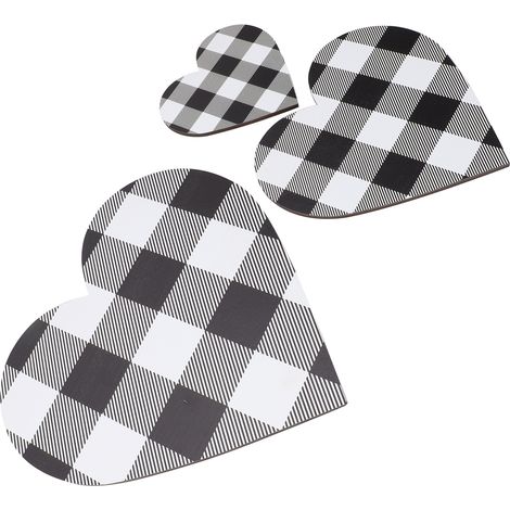 Lot de 3 plaques murales en bois de buis forme coeur à carreaux déco rustique suspendue cuisine chambre salle de bain 12 18 25 cm (1/5)